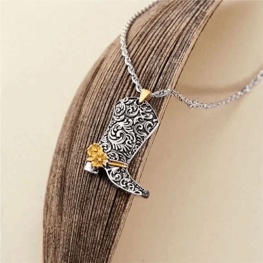 Silver Filigree Cowboy Boot Gold Flower Pendant Necklace with Hanging Gold Rose